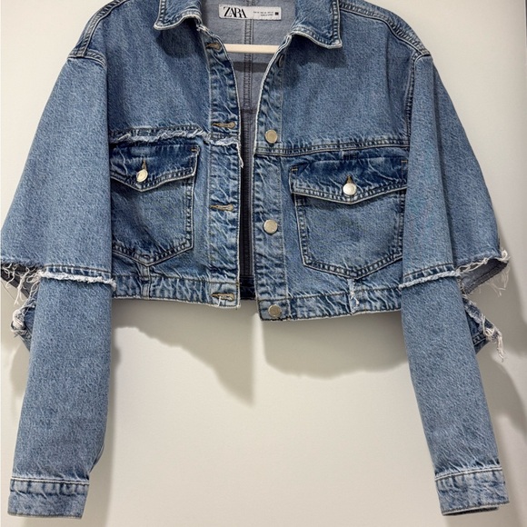ZARA! Denim cropped oversized jacket cut out elbows XS - Picture 11 of 15
